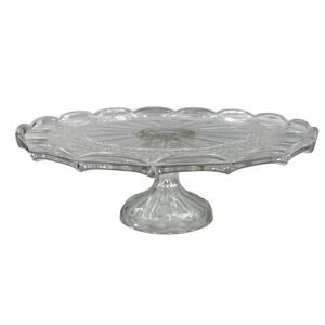 Vintage Crystal Pedestal Cake Plate Scalloped Edges Gold Tone Ring 4.5" Tall